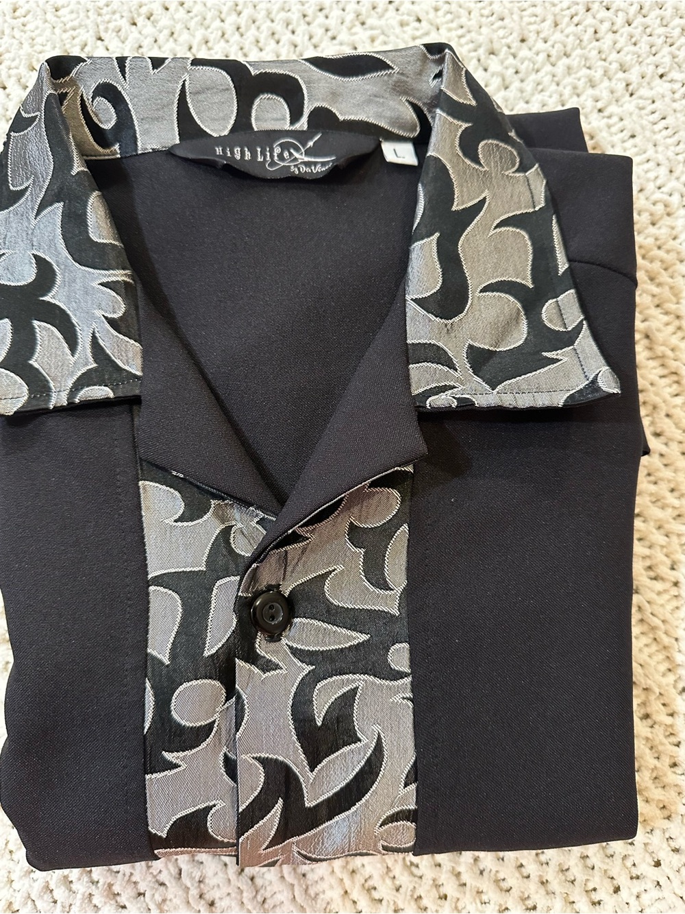 Men’s Black Dress Shirt with Silver Patterned Trim